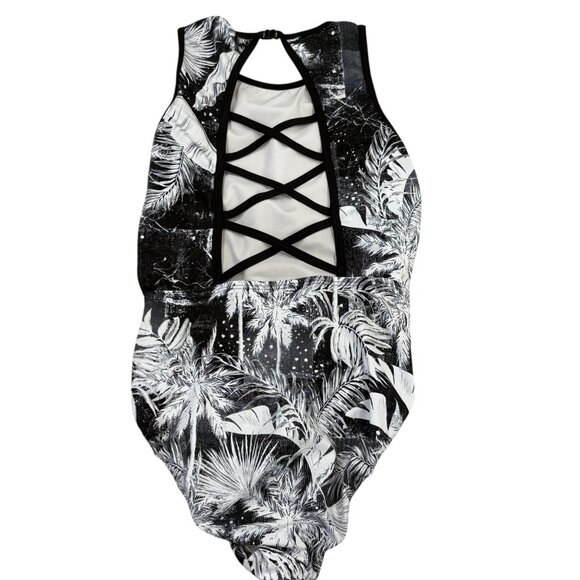 Sylvia P Balmy Black & White Palm Print One-Piece Leotard Strappy Back Girls 12 - Picture 4 of 6